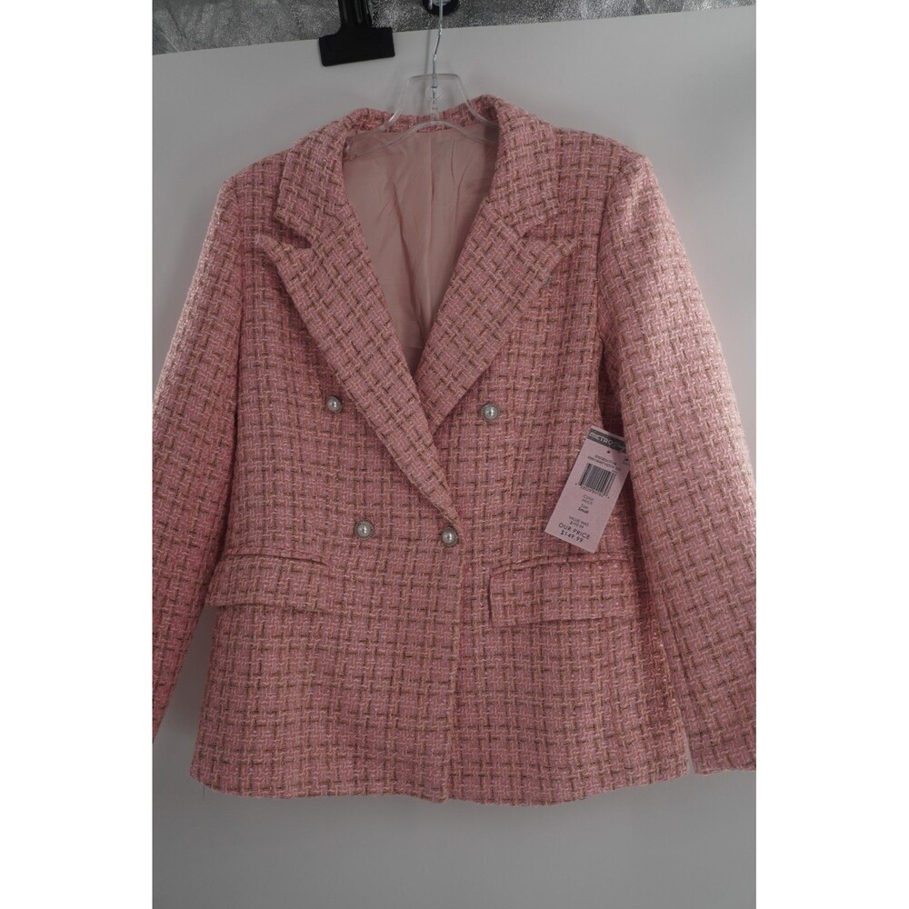 METRO Designer Pink Tweed Blazer Pearl Button Double Breasted Jacket NWT Size S